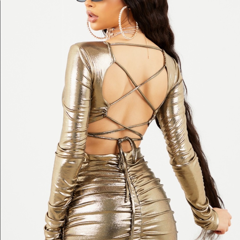 SORELLA LIGHT GOLD METALLIC RUCHED MINI DRESS